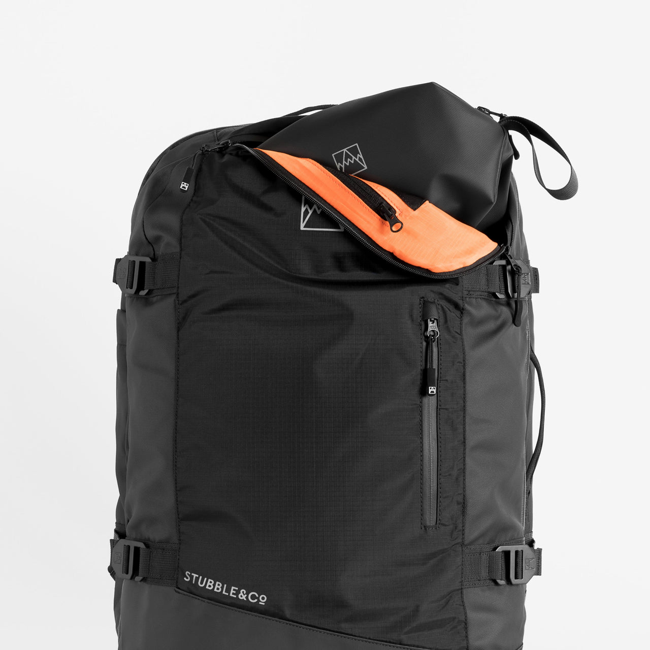 Adventure Bag in All Black front view with top pocket open