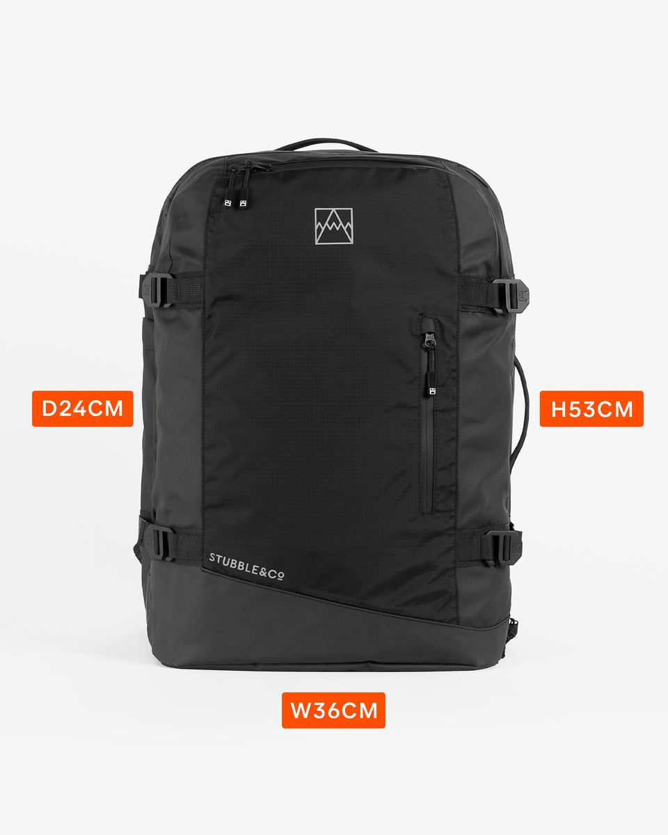 a studio shot of the adventure bag with the dimensions of height, width and depth annotated on