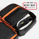 An All Black Adventure Bag showing the interior and with an Indy Best Buy award logo on