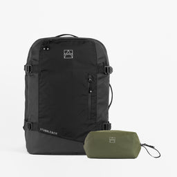 A studio shot of Adventure Bag All Black / Urban Green Wash Bag Bundle