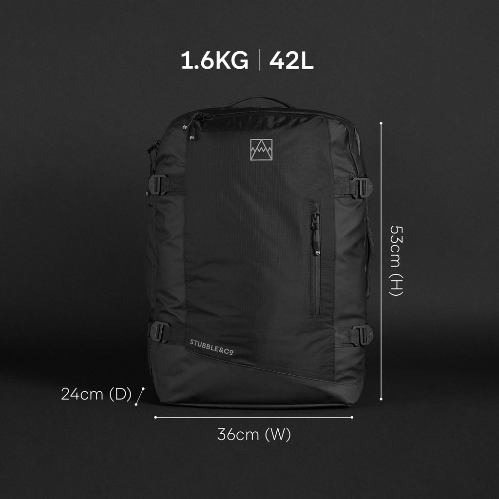 a studio shot of a adventure bag with the dimensions annotated.