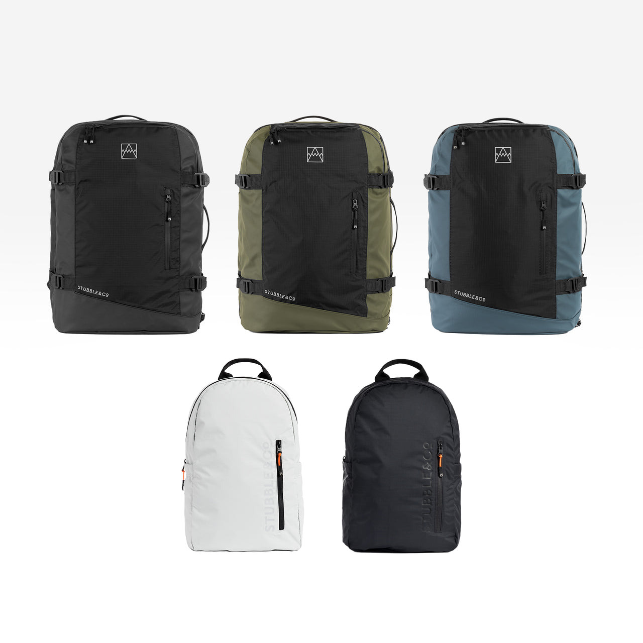 A studio shot of all of the adventure bag and ultra light backpack colours [All variants] in a collage