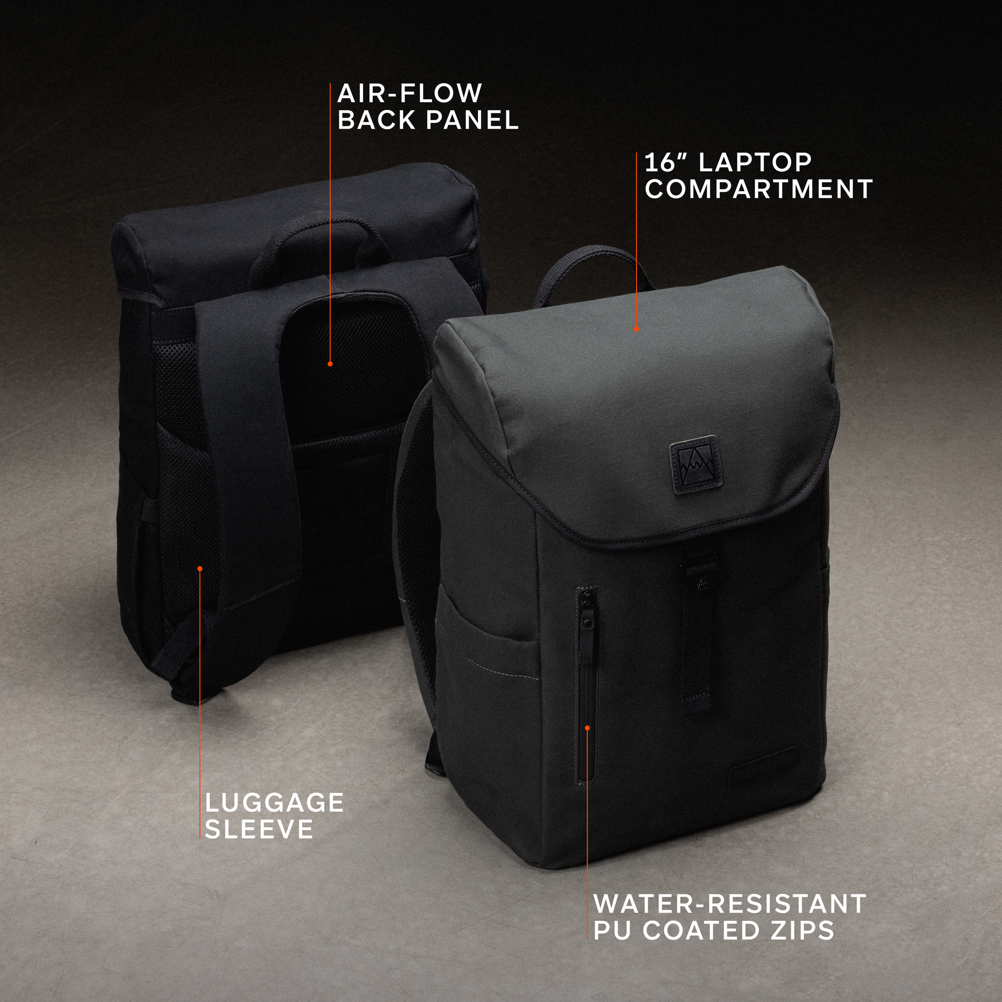 a studio shot of the canvas backpack 20l with the features annotated