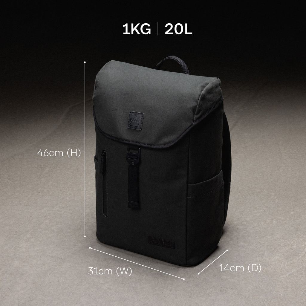 a studio shot of a backpack 20l with the dimensions annotated.