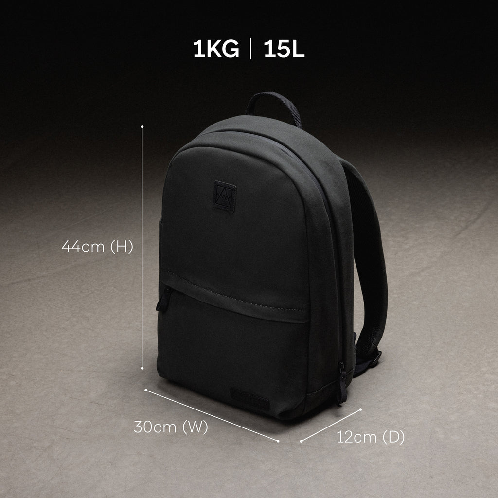 a studio shot of a classic backpack 15l with the dimensions annotated.