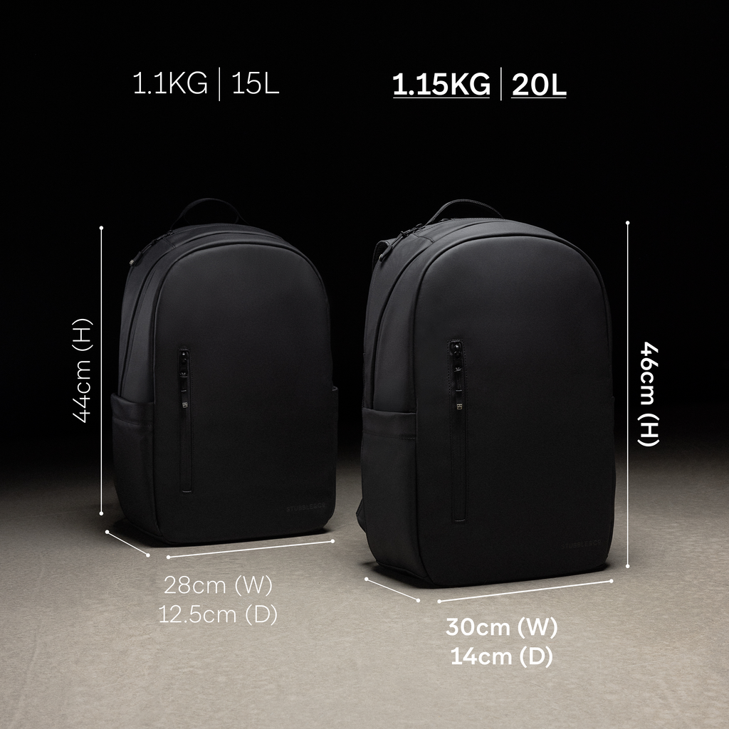 A studio shot of the everyday backpack with the dimensions and weight annotated