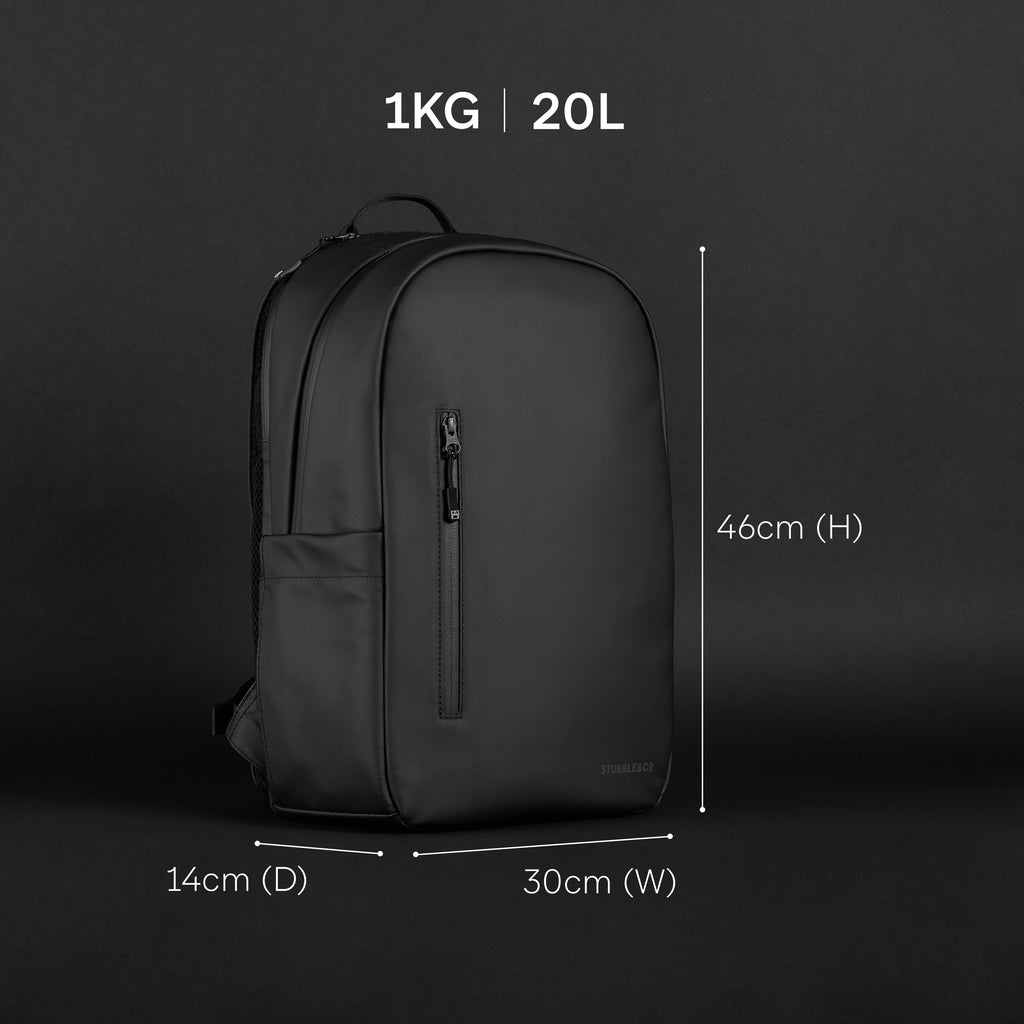 a studio shot of a everyday backpack 20l with the dimensions annotated.