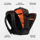 A studio image of the split compartments with features annotated on the Hybrid Backpack 30L in All Black