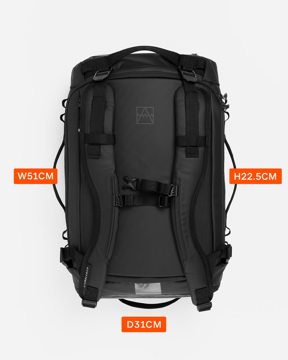 a studio shot of the Kit Bag 30L with the dimensions of height, width and depth annotated on
