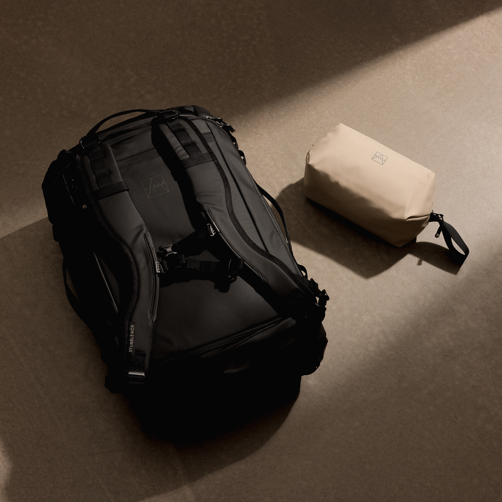 a studio shot of the kit bag 40l and sand wash bag on the floor as a creative flat lay