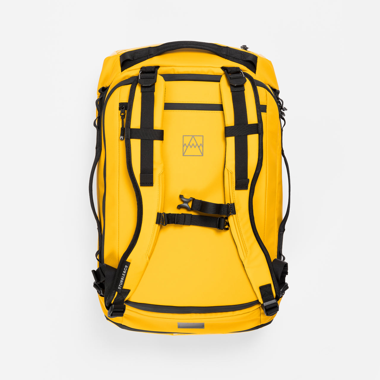 A studio shot of the shoulder straps and back panel on the Kit Bag 40L in Yellow