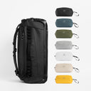 A collage of [All variants] of the wash bag in all colours and an image of the kit bag 65l