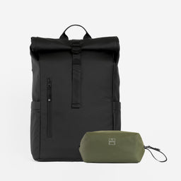 A studio shot of a Roll Top 15L All Black / Urban Green Wash bag bundle