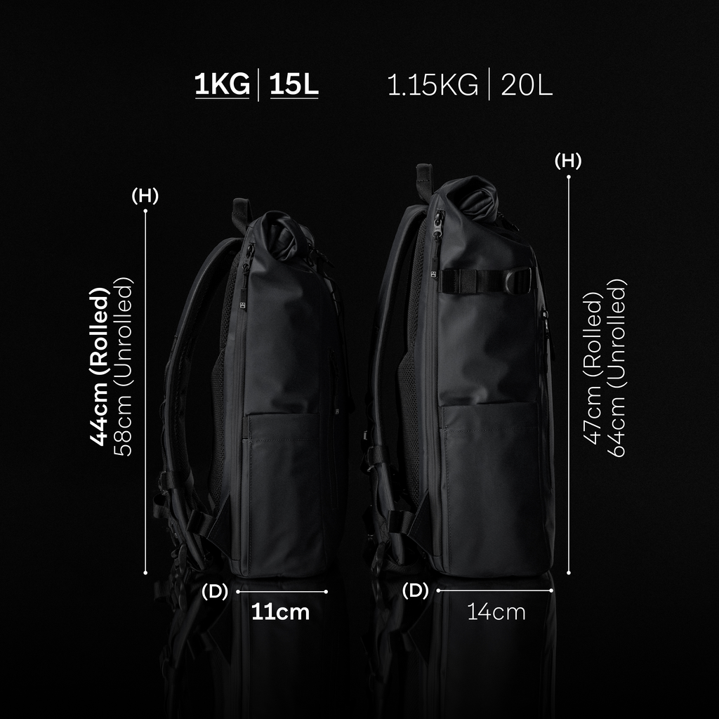 a studio shot of a roll top 15l with the dimensions annotated.