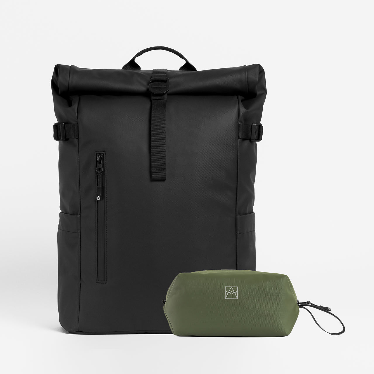 A studio shot of the Roll Top 20L All Black / Urban Green Wash Bag Bundle