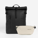 A studio shot of a Roll Top 20L and a Crossbody in  All Black / Sand