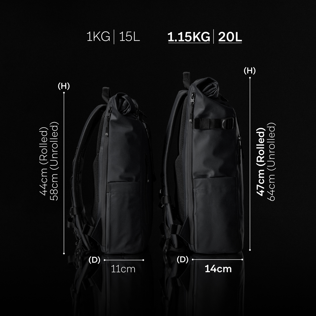 a studio shot of a roll top 20l with the dimensions annotated.