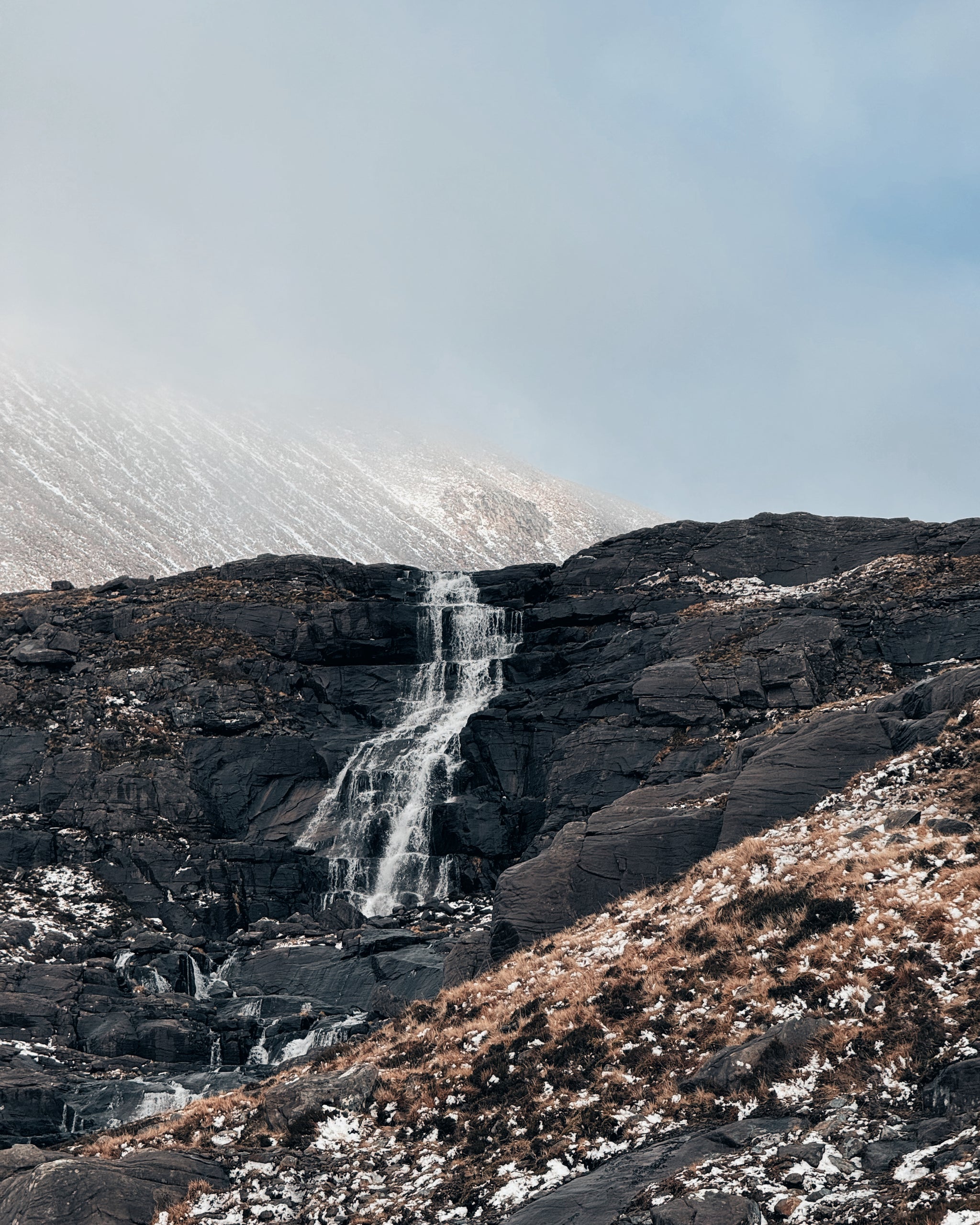 A landscape shot of the Scottish Highlands with a waterfall